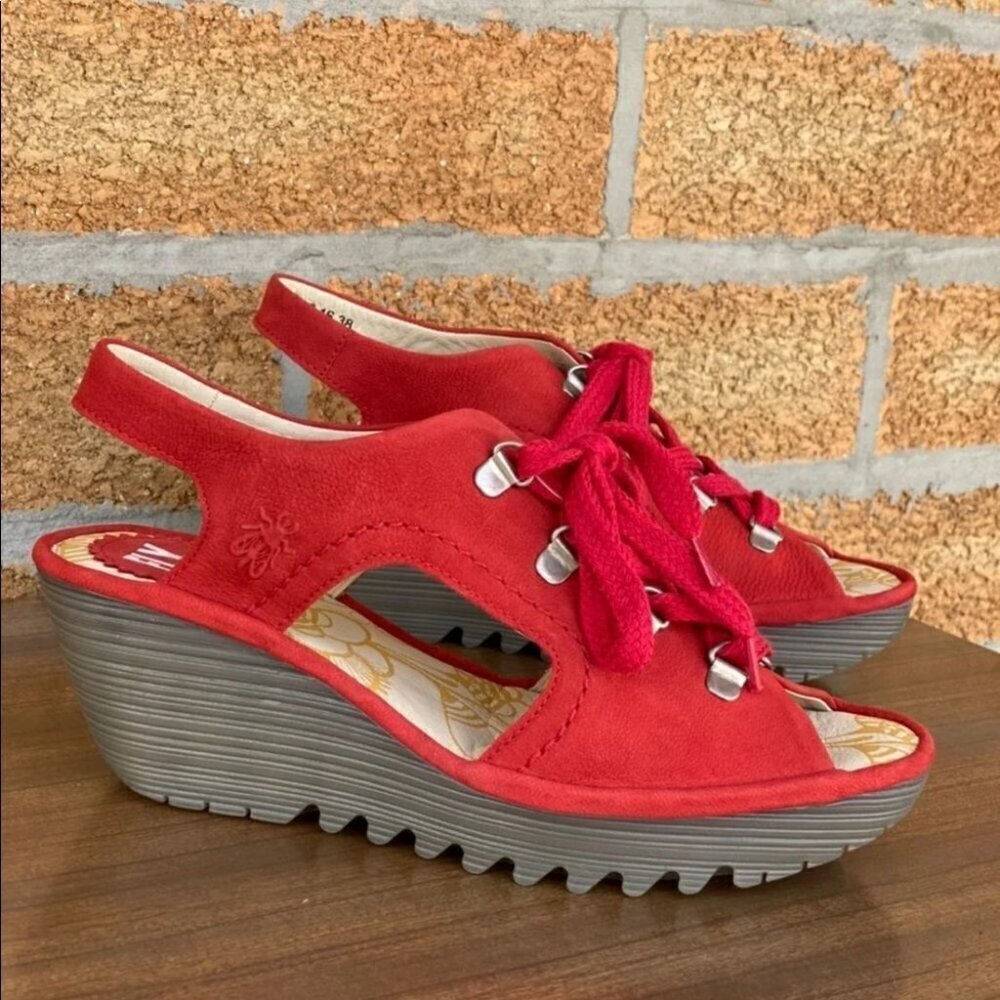 Fly London Ylfa Scarlet Red Leather Laced shoes 8 - Picture 3 of 11